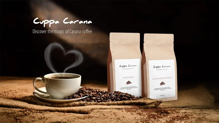Eine Kaffeetasse mit Herzdampf und eine Verpackung Cuppa Carana. Spruch: Discover the magic  of Carana coffee