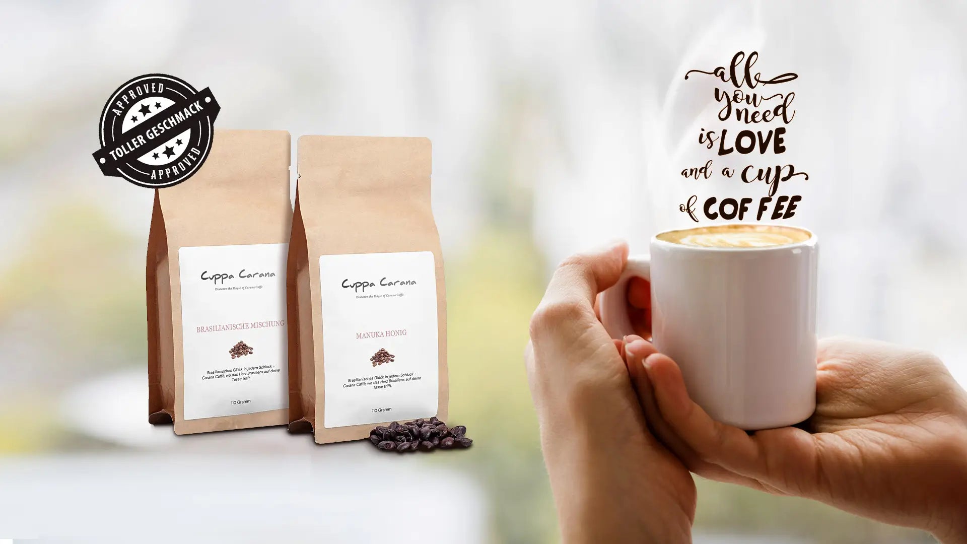 Zwei Cuppa Carana Kaffeeverpackungen mit einer heissen Tasse in Händen